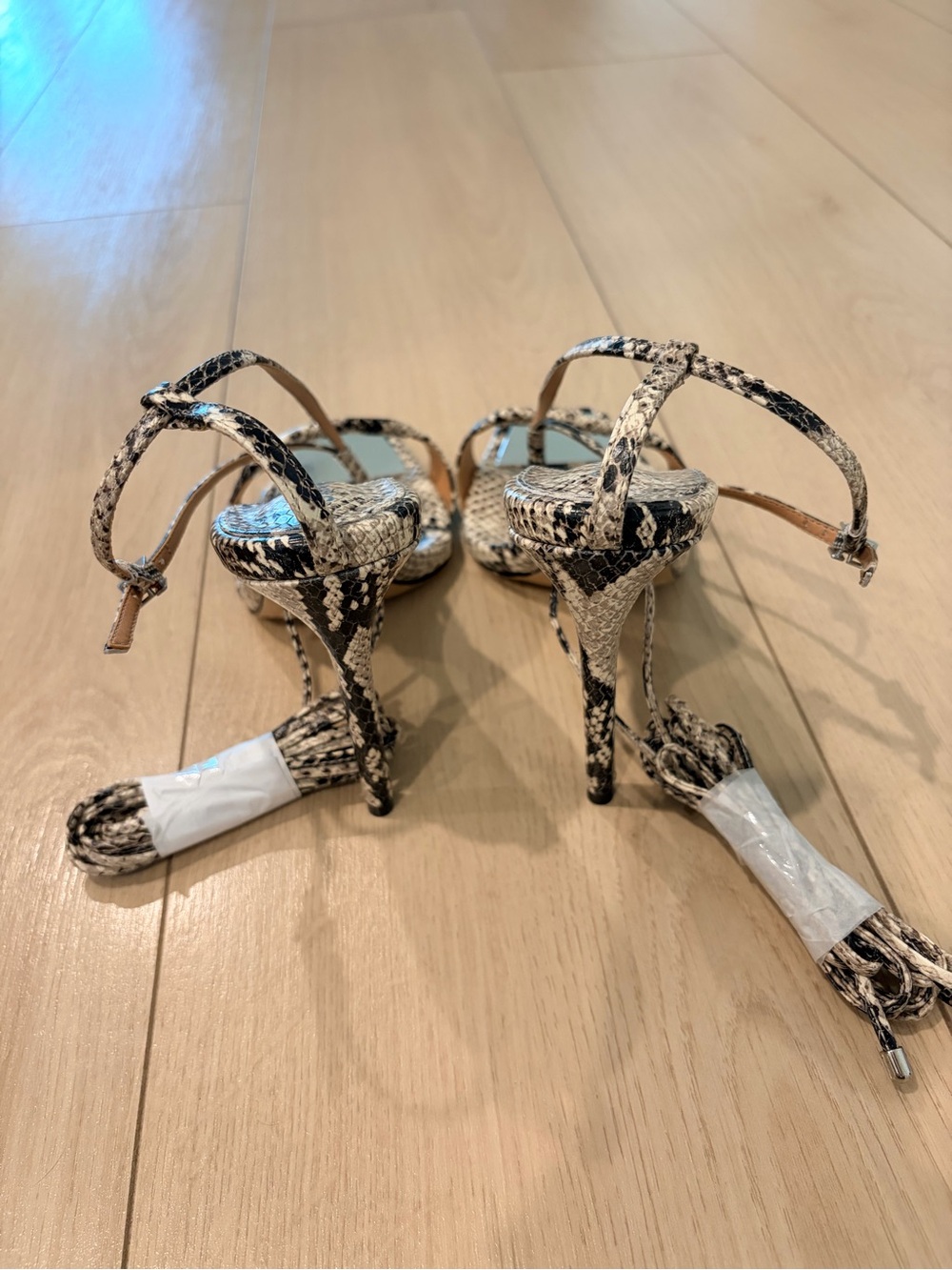 SCHUTZ Snake-Print Strappy Heels in Black & Cream - Picture 2 of 4